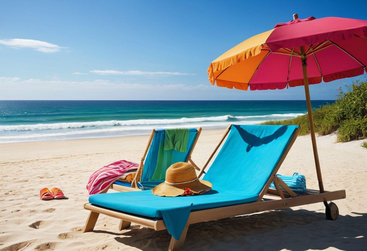 An inviting beach scene showcasing essential accessories like a stylish beach hat, colorful flip-flops, a chic beach bag filled with sunscreen, and a vibrant beach towel draped over a sun lounger. The ocean waves gently lap at the shoreline under a clear blue sky, with playful beach umbrellas adding pops of color. The overall atmosphere is relaxed and summery, inviting viewers to imagine themselves enjoying a perfect day at the beach. bright colors. super-realistic.