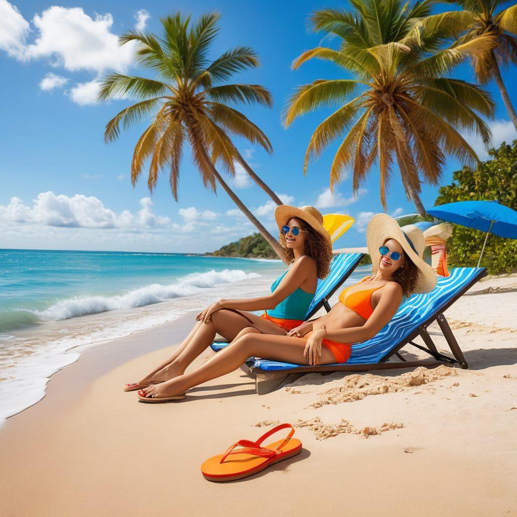 A vibrant beach scene showcasing diverse models wearing trendy two-piece swimwear in various colors and patterns, lounging under colorful umbrellas, with sun, sand, and palm trees in the background. Include beach accessories like flip-flops and sunglasses scattered around, evoking a fun and stylish summer vibe. The sky should be bright blue with a few fluffy clouds. super-realistic. vibrant colors. beach setting.